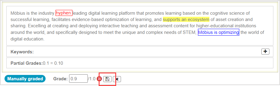 The save icon is highlighted beside the part grade field and below the yellow highlighted text.